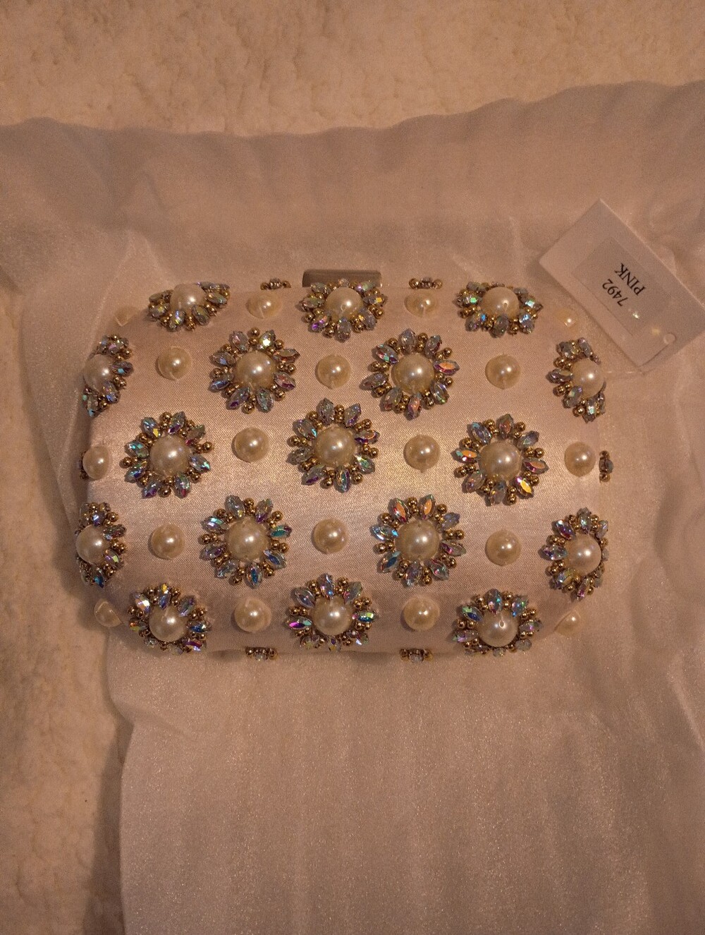 NEW! Aurora Borealis And Pearl Ivory Satin Clutch